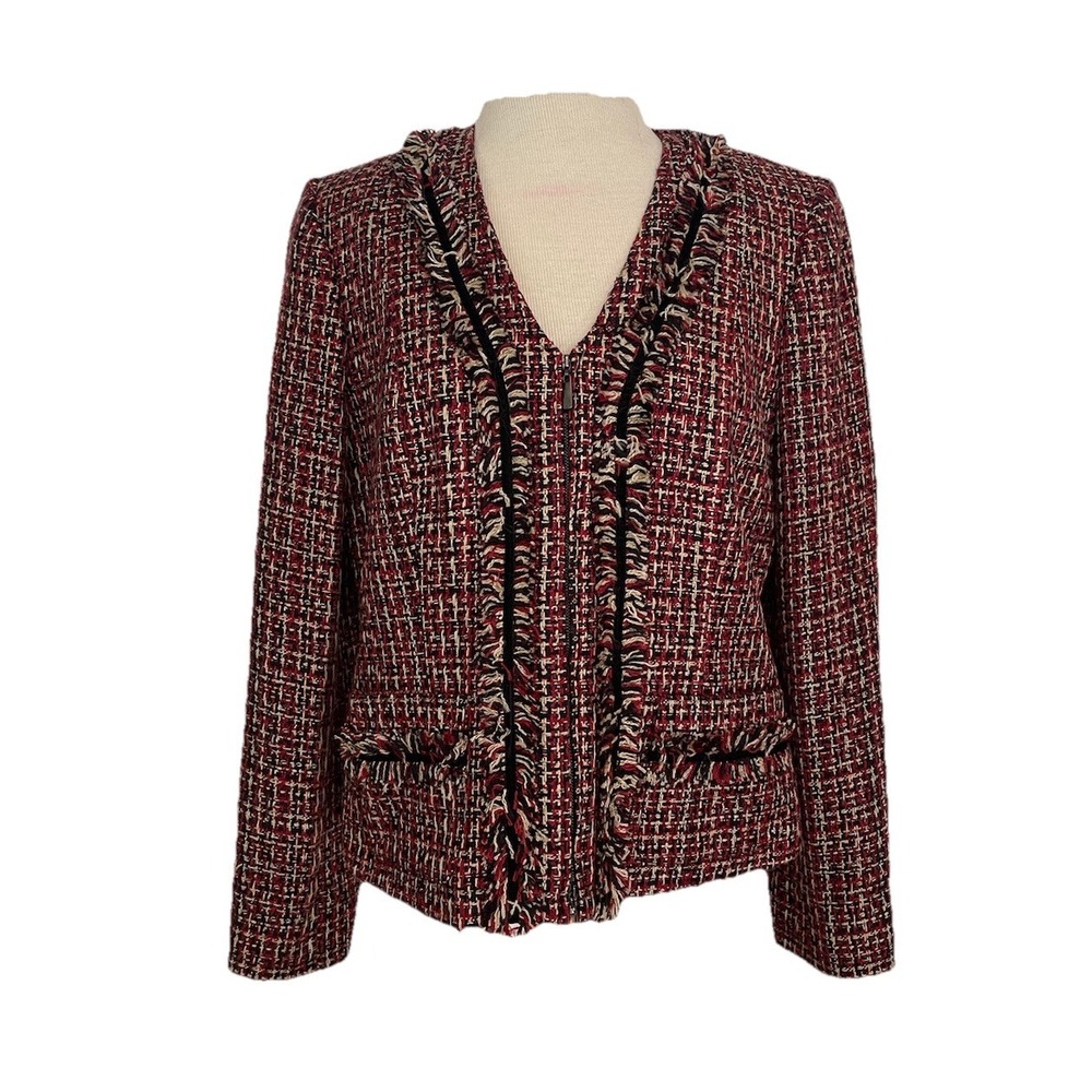 Perry Ellis Women's Tweed Zip V-Neck Blazer Jacket Size 14‎ Preppy Career Wear